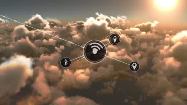 Анимация Сети Связей Иконками Над Облаками Небе Глобальные Онлайн Соединения — стоковое видео