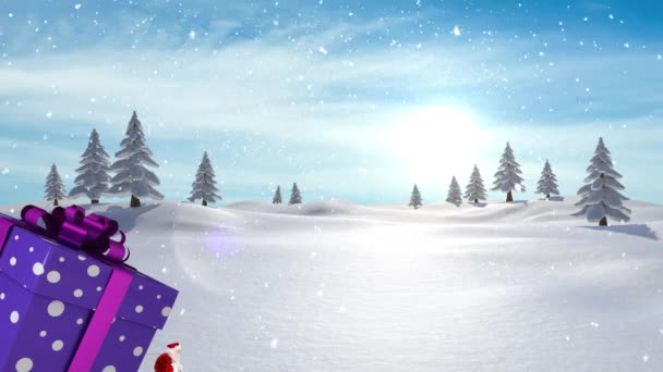 Animace Santa Clause Nesoucího Obrovský Vánoční Dárek Sníh Padající Zimní — Stock video