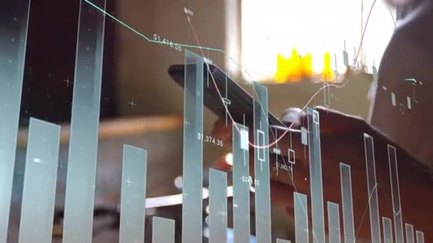 Animation Statistics Data Processing Man Using Smartphone Global Digital Interface — Stock Video