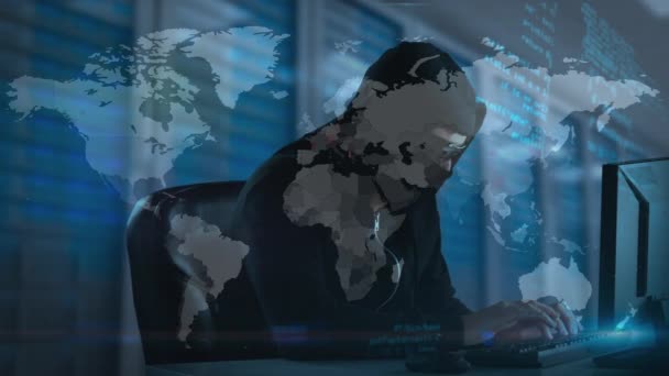 Animación Del Mapa Del Mundo Sobre Hacker Con Ordenador Seguridad — Vídeo de stock