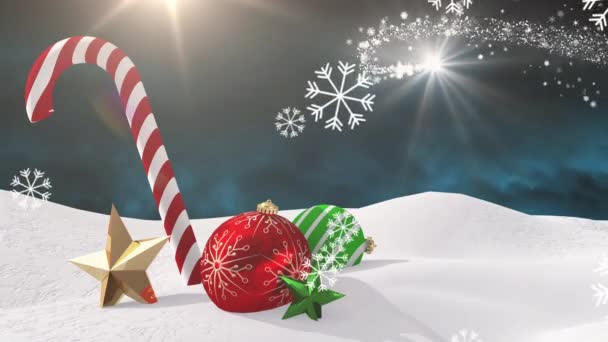 雪の中で雪片や星 キャンディー杖や赤ちゃんの上に落ちると流れ星のアニメーション クリスマス 冬の季節の挨拶やお祝いのコンセプトデジタル生成ビデオ — ストック動画