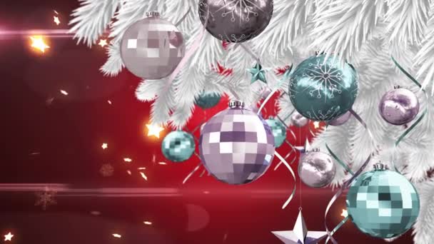 Animación Adornos Árbol Navidad Sobre Estrellas Brillantes Que Caen Sobre — Vídeos de Stock