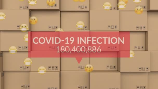 倉庫のパッケージ上のCovid感染カウンターと病気の絵文字のアニメーション 世界的な出荷と接続の概念は コビッド19パンデミックの間にデジタル生成されたビデオ — ストック動画