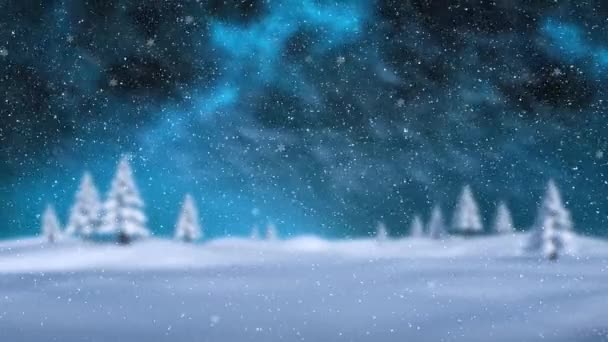 冬のモミの木の風景を背景に雪のアニメーション クリスマス冬お祝いのコンセプトデジタル生成ビデオ — ストック動画