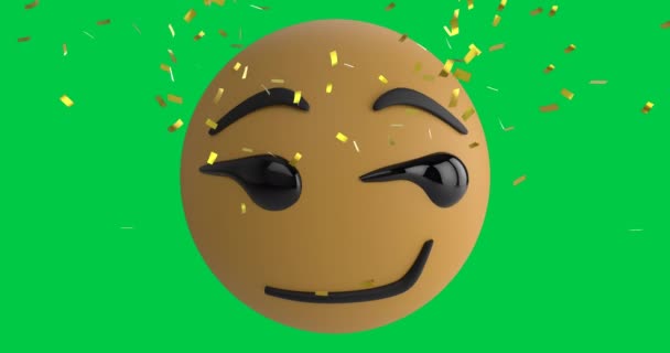 Animace Šťastného Emojiho Nad Padajícími Zlatými Konfetami Sociální Média Koncepce — Stock video
