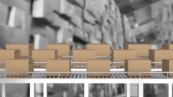 상자들 컨베이어 벨트를 창고로 이동하는 애니메이션 글로벌 디지털 비디오 — 비디오
