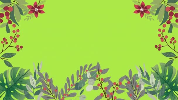 Animatie Van Frame Van Gebladerte Met Rode Bloemen Bessen Groene — Stockvideo