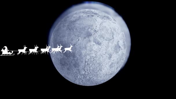 Animacja Świętego Mikołaja Saniach Reniferami Przechodzącymi Przez Księżyc Boże Narodzenie — Wideo stockowe