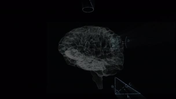 Анімація Математичних Рівнянь Над Цифровою Моделлю Людського Мозку Чорному Тлі — стокове відео