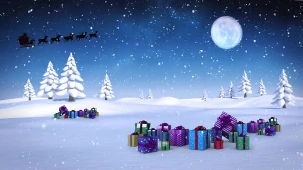 Animation Santa Claus Sleigh Reindeer Christmas Presents Snow Falling Moon — Stock Video