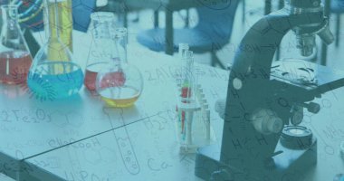 Test tüpleri ve deney tüpleri üzerindeki kimya verileri ve çizimler. dijital arayüz küresel bağlantı ve dijital olarak oluşturulan bilim konsepti.