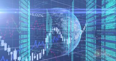 Finansal veri işlemenin dijital görüntüsü siyah arka planda dünyaya karşı. küresel finans ve teknoloji kavramı.