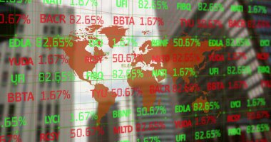 Yüksek binalarla Dünya haritası üzerinde işlem yapan borsa verilerinin dijital görüntüsü. Küresel ekonomi borsa konsepti