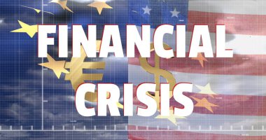 Finansal Kriz 'in görüntüsü kırmızı hat kaydı, Amerikan doları ve Avrupa Birliği ve Amerikan bayrağı. Küresel finans iş ekonomisi krizi kavramı dijital olarak oluşturulmuş görüntü.