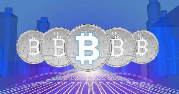 Immagine Elaborazione Dei Dati Finanziari Simbolo Bitcoin Codifica Binaria Paesaggio — Foto Stock