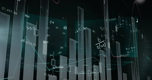 Obrázek Matematických Rovnic Vzorců Plovoucích Nad Statistikami Grafy Vědecký Výzkumný — Stock fotografie