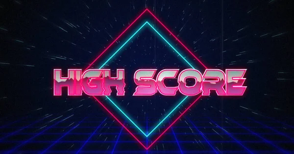 Kép Retro High Score Szöveg Glitching Felett Kék Piros Négyzetek — Stock Fotó
