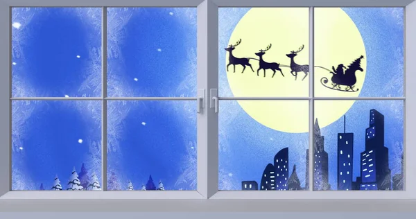 Immagine Digitale Della Cornice Della Finestra Contro Silhouette Babbo Natale — Foto Stock