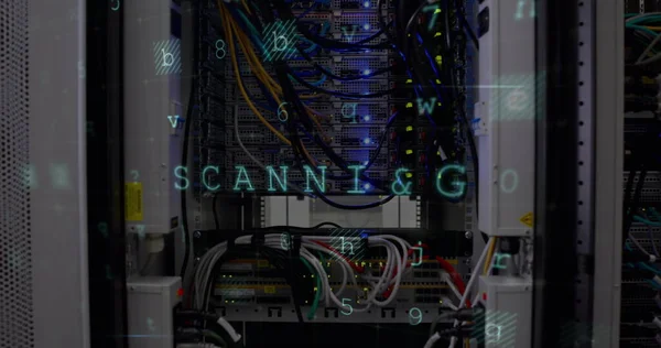 Panoramic view of data server center with warnings of cyber attack from a computer screen.