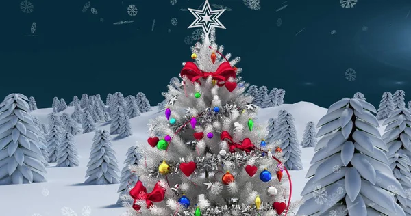 Obrázek Vánočního Stromku Zimní Scenérie Padajícím Sněhem Vidět Oknem Vánoční — Stock fotografie