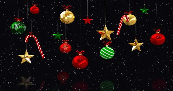 Imagem Decorações Natal Bugigangas Com Neve Caindo Festa Natal Conceito — Fotografia de Stock