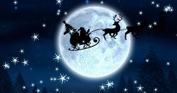 Image Silhouette Santa Claus Sleigh Being Pulled Reindeer Snow Falling — Stock Photo, Image