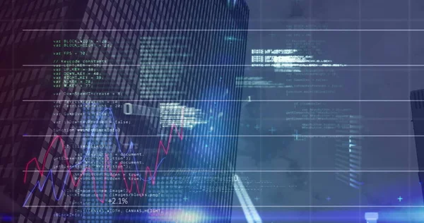 Arka plandaki yüksek binalarla şebeke üzerinden finansal veri işleme. küresel finans ve iş kavramı