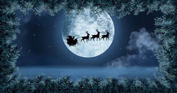 Imagen Digital Hojas Formando Marco Sobre Silueta Negra Santa Claus — Foto de Stock