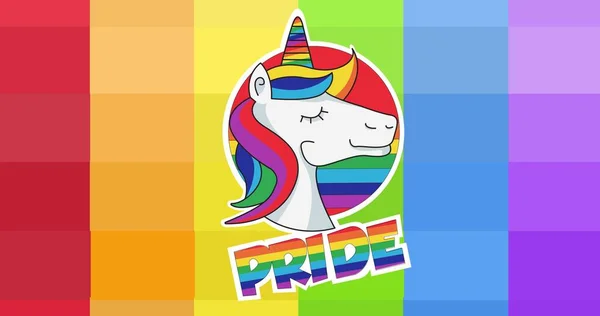 自豪的文字和独角兽在彩虹条纹背景之上 Lgbtq自豪与平等庆祝概念数码视频 — 图库照片
