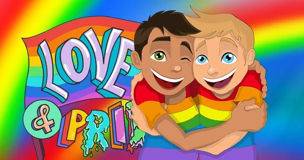 愛と誇りのテキストと二つの多様な幸せな男の子抱擁上の虹色背景 — ストック写真