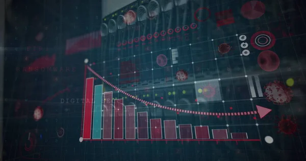 Bild Digitalt Gränssnitt Med Grafer Och Coronavirus Celler Över Serverrummet — Stockfoto