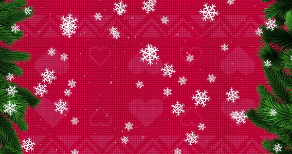 Image Numérique Flocons Neige Tombant Sur Motif Traditionnel Noël Rouge — Photo