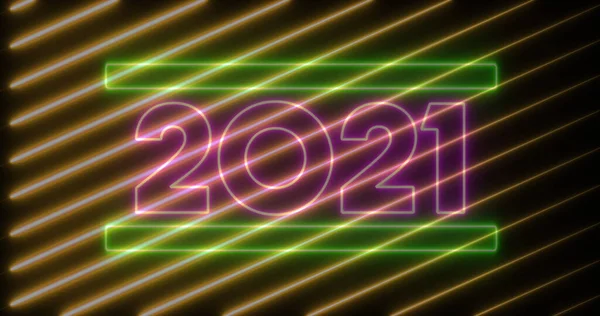 Image 2021 Pink Neon Letters Moving Gold Diagonal Lines Black — Stock Photo, Image