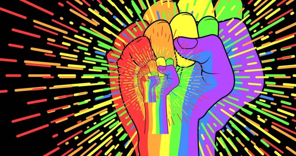 Несколько Кулаков Радужных Цветов Черном Фоне Концепция Праздника Гордости Равенства — стоковое фото