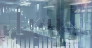 Ofiste yürüyen iş adamları üzerinde finansal veri işleme animasyonu. küresel finans, iş ve dijital arayüz kavramı dijital olarak oluşturulmuş video.