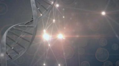 İkonlarla bağlantılı ağların üzerindeki DNA iplikçiklerinin animasyonu. küresel bağlantılar, dijital arayüz, dijital olarak oluşturulan veri işleme konsepti.