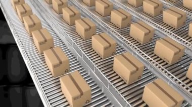 Karton kutuların depodaki taşıma bantlarında hareket etmesi. küresel gönderim ve bağlantılar konsepti dijital olarak oluşturulmuş video.