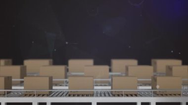 Depodaki taşıma bantlarındaki kutuların üzerindeki bağlantı ağının animasyonu. küresel sevkiyat, dağıtım ve bağlantılar konsepti dijital olarak oluşturulmuş video.