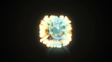 Siyah arkaplanda el ve turuncu duman patlaması olan saat animasyonu. 