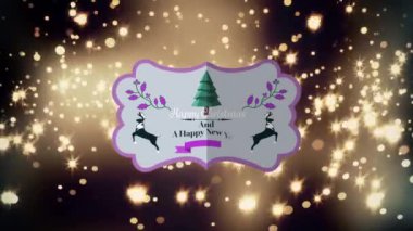 Mutlu noellerin animasyonu ve siyah arka plandaki ışık noktalarından geçen mutlu bir yeni yıl metni. Noel, gelenek ve kutlama konsepti dijital olarak oluşturuldu.