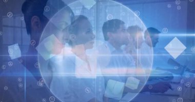 İş adamları üzerindeki simgelerle bağlantılı dünya ağının animasyonu. küresel iş, çevrimiçi bağlantılar, dijital arayüz ve dijital olarak oluşturulmuş iletişim konsepti.