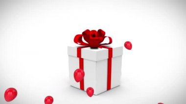 Beyaz hediye kutusunun üzerine kırmızı balonların animasyonu renkli konfetileri açıyor ve 18 numara, doğum günü, kutlama, parti, gelenek ve olay konsepti dijital olarak üretiliyor..