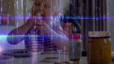 Krep yiyen çocuk hakkında veri işleme animasyonu. küresel veri işleme, teknoloji ve bağlantılar konsepti dijital olarak oluşturulmuş video.