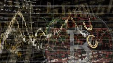 Bitcoin ve covid 19 hücre üzerinden finansal veri işleme animasyonu. küresel finans, kripto para birimi ve iş dünyası covid 19 salgın konseptinde dijital olarak üretilen video.