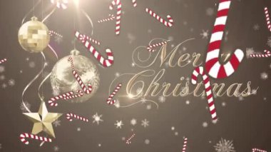 Altın renkli mutlu noel yazıları ve mücevherlerinin animasyonu, düşen kar taneleri ve gri üzerine şeker kamışları. Noel, kış mevsimsel selamlar ve dijital olarak oluşturulan kutlama konsepti.