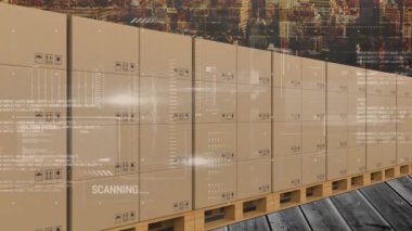 Karton kutuların üzerindeki taşıma bandı ve şehir manzarası üzerindeki istatistiklerin canlandırması. küresel gönderim ve bağlantılar konsepti dijital olarak oluşturulmuş video.
