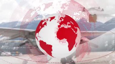 İnsansız hava aracı üzerindeki bağlantı ağının havalimanı önlüğü üzerindeki parsel ile animasyonu. küresel gönderim, iş, dijital arayüz, teknoloji ve ağ konsepti dijital olarak oluşturulmuş video.