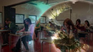 Öğrencilerin öğrenmesi üzerine dönen dünyanın animasyonu. küresel eğitim, dijital arayüz ve bağlantılar dijital olarak oluşturulmuş video konsepti.