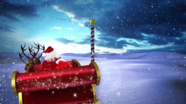 Noel Baba 'nın kızakta Noel hediyeleri ve kış manzarasına yağan karla canlandırılması. Noel, gelenek ve kutlama konsepti dijital olarak oluşturuldu.