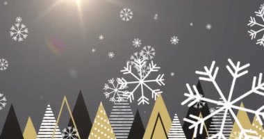 Gri arka planda, Noel ağaçlarının üzerine düşen kar animasyonu. Noel, gelenek ve kutlama konsepti dijital olarak oluşturuldu.